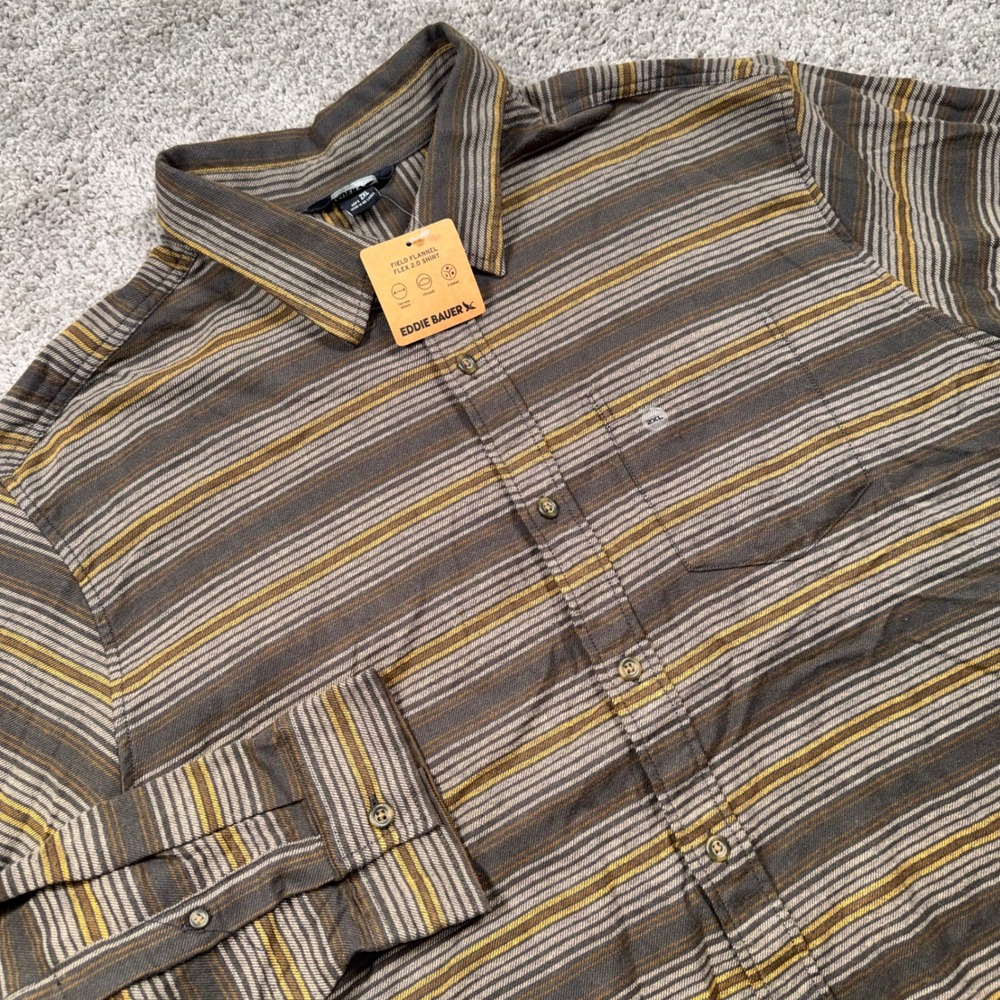 Eddie Bauer Field Flannel Flex 2.0 Shirt Mens Stretch Brown Striped XXL NEW